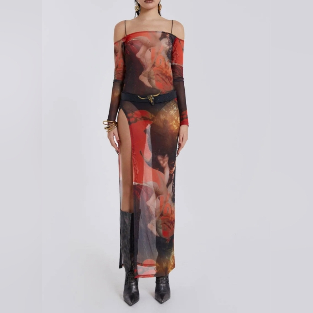 NWOT Jaded London Valencia Sheer Mesh Maxi Dress High‎ Slit Size 0